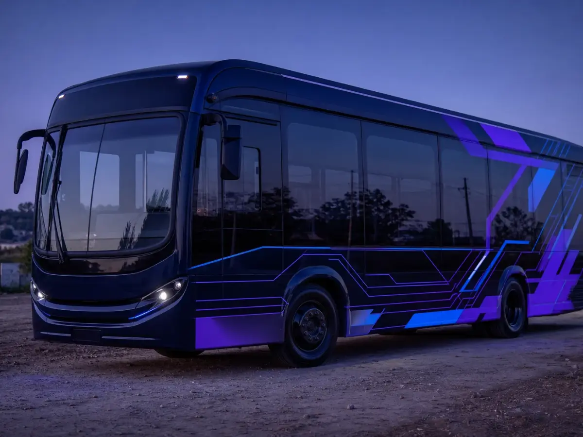 Ônibus urbano de carroceria azul-marinho quase preta, com faixas gráficas azuis e roxas na lateral, parado em um pátio de terra ao anoitecer, com os faróis acesos. Sem marca, logotipo ou letreiro, e sem pessoas na cena.