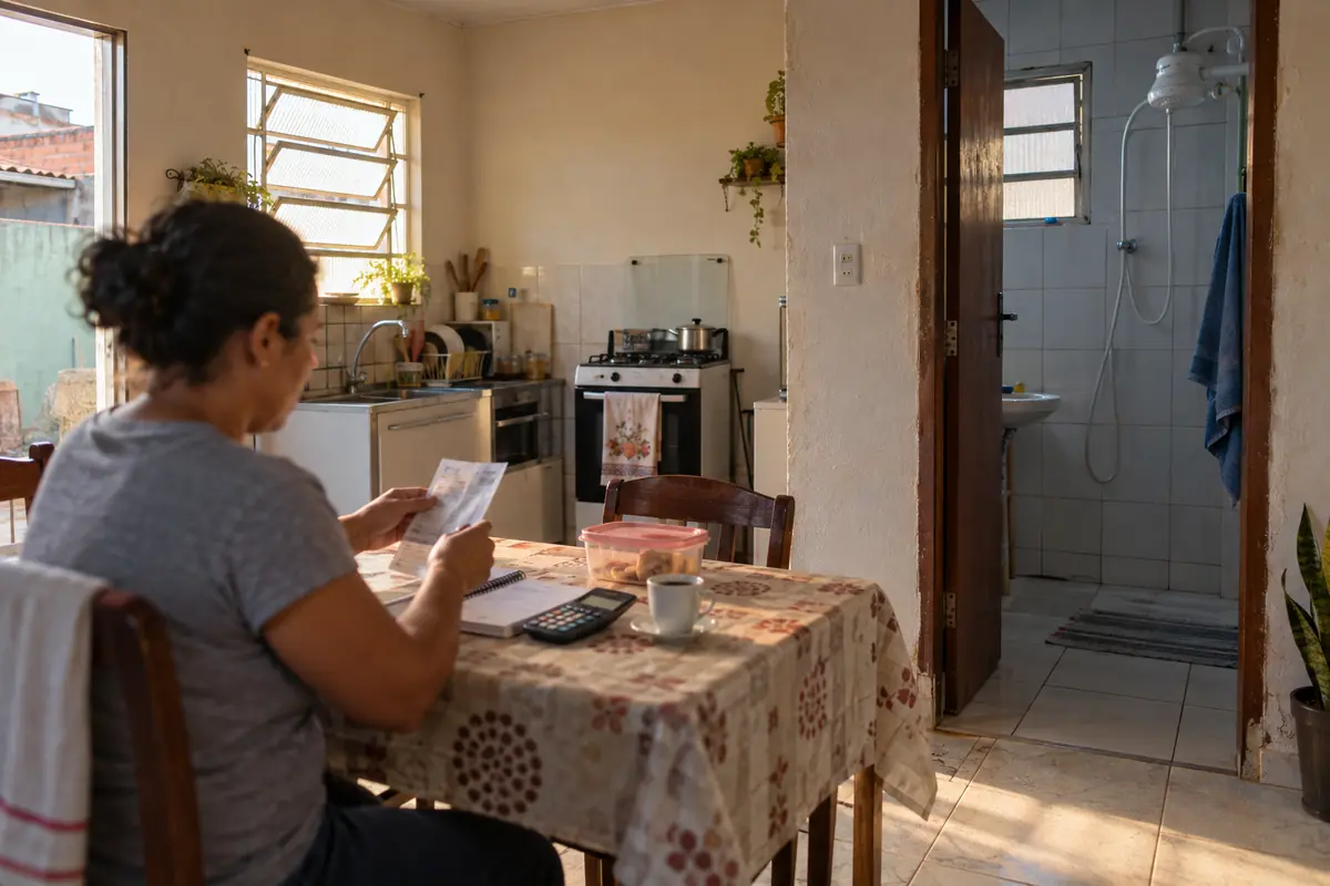 Mulher confere contas à mesa da cozinha; ao fundo, pela porta, um banheiro simples com chuveiro elétrico.