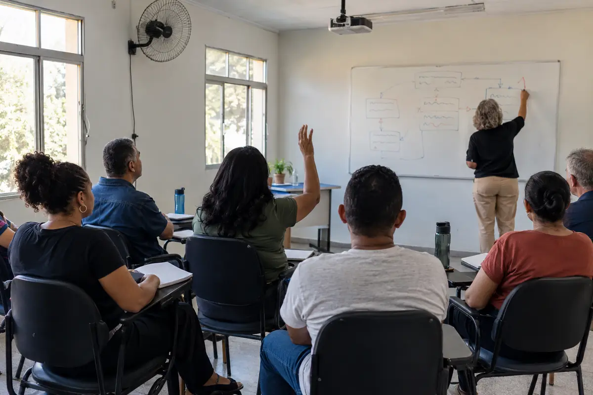 Sala de formação simples vista do fundo: oito adultos de costas em cadeiras em meia-lua e, à frente, uma mulher apontando um fluxograma desenhado num quadro branco.