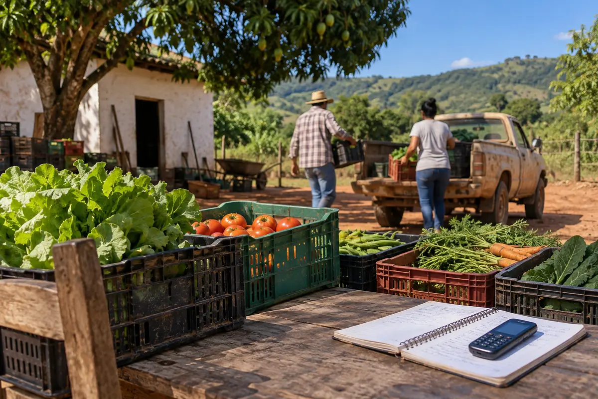 Mesa de madeira num pátio de terra com caixas de hortaliças, um caderno de anotações e um celular simples; ao fundo, duas pessoas de costas carregam caixas para uma caminhonete velha, à sombra de uma mangueira.