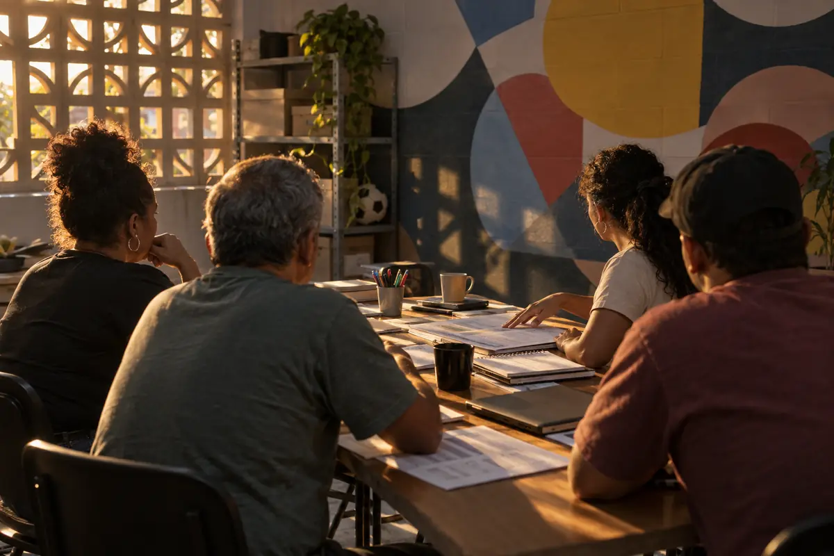 Sala de um coletivo de periferia no fim da tarde: mesa comprida com cadernos, folhas e canecas, quatro pessoas de costas conversando, luz dourada entrando por um cobogó e um mural colorido na parede.