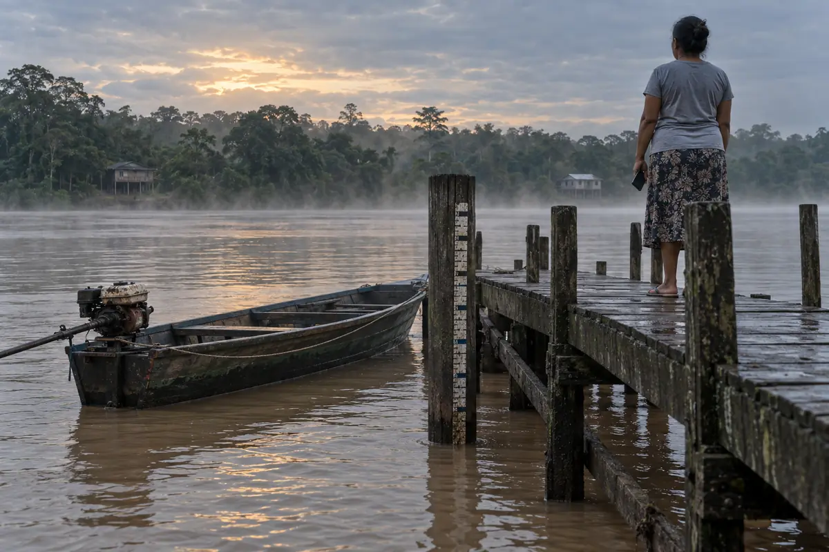 Trapiche de madeira sobre um rio largo e barrento ao amanhecer, com um barco de rabeta amarrado e uma régua de nível pintada num pilar; uma mulher de costas olha o rio com um celular na mão. Na outra margem, mata e casas distantes.