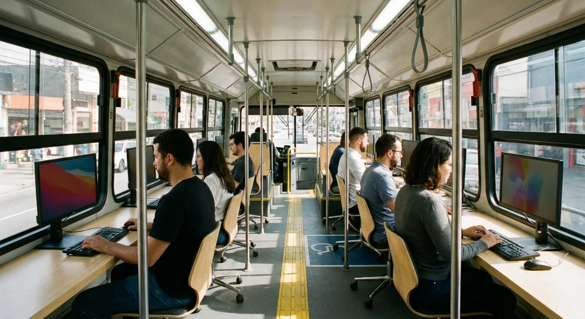 Interior de um ônibus convertido em estações de trabalho: bancadas com monitores e teclados encostadas nas janelas dos dois lados, cadeiras giratórias e pessoas sentadas de costas e de perfil diante das telas. No corredor central há uma faixa amarela de piso tátil e, no piso à direita, o símbolo internacional de acesso demarca um espaço reservado. Pelas janelas se vê uma rua de cidade.
