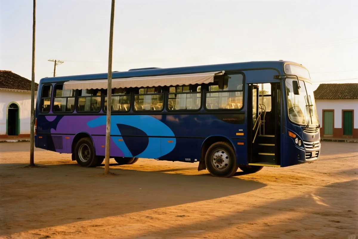 Estudo visual de um ônibus azul-escuro estacionado numa praça de cidade pequena, com um toldo lateral aberto e bancadas de trabalho montadas na sombra, ao fim da tarde. Sem marca, letreiro ou pessoas identificáveis.