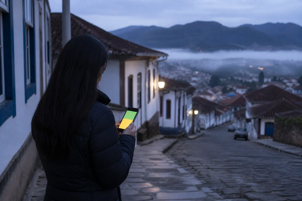 Mulher de costas em uma ladeira de pedra de cidade histórica ao anoitecer, segurando um celular cuja tela mostra faixas verde, amarela e vermelha. Ao fundo, o casario desce para um vale tomado por névoa, com serras no horizonte.