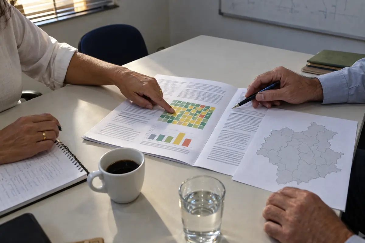 Mesa de reunião de uma secretaria de saúde vista de cima: um boletim impresso com um calendário de quadradinhos coloridos, um mapa do contorno do município, e as mãos de duas pessoas apontando um quadradinho amarelo.