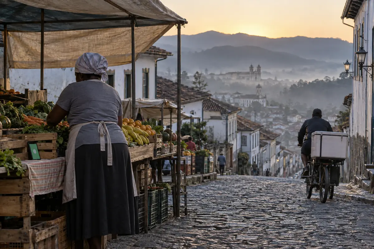Feirante de costas arrumando caixas de frutas numa barraca, ao amanhecer, numa ladeira de pedra; ao fundo, o vale da cidade coberto por bruma. Na mesa, um celular aceso mostra uma faixa verde.