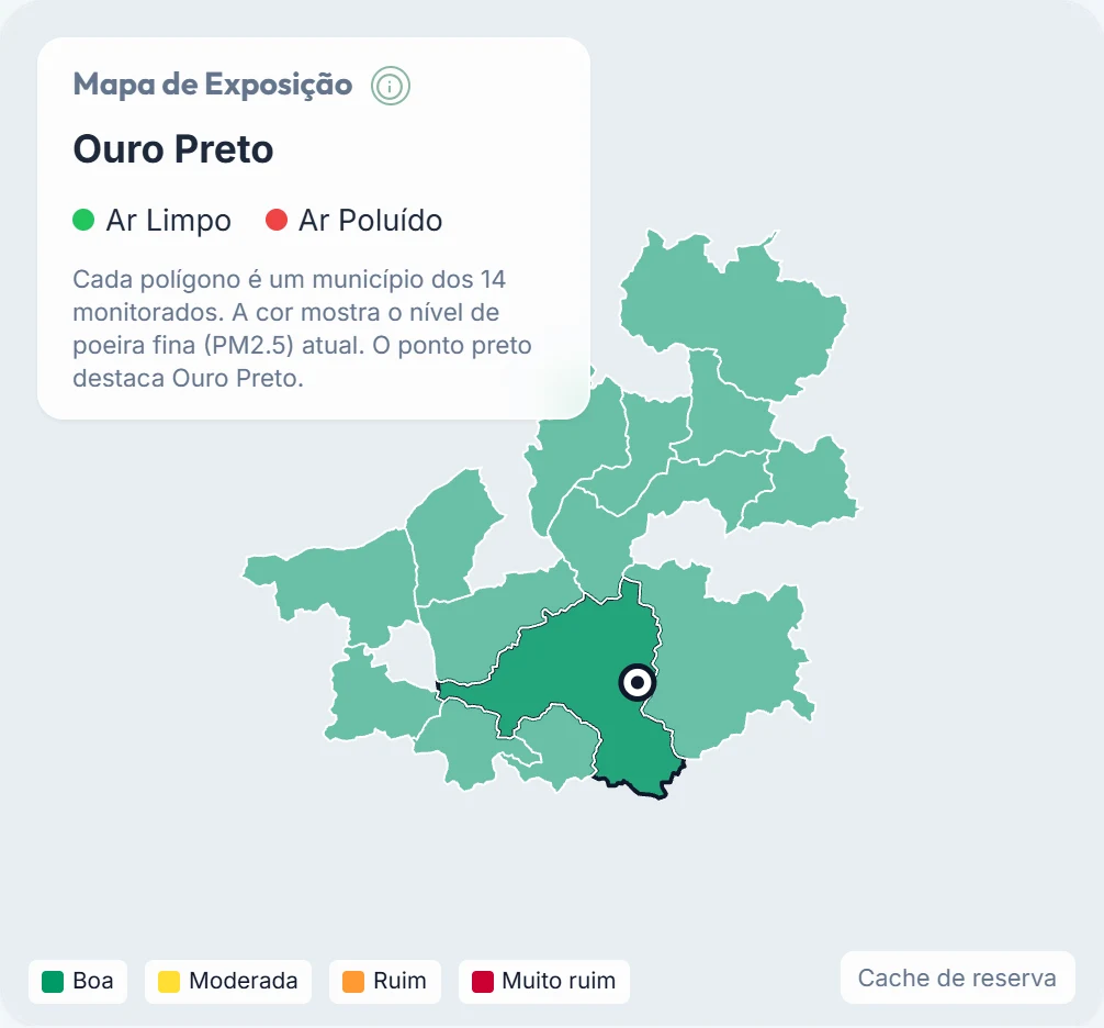 Tela “Mapas de Ar” do sistema, com o título “Mapa de Cobertura — Minas Gerais”: o contorno de todos os municípios do estado em cinza claro e, no centro-sul, um punhado deles pintado de verde. No alto, a legenda das faixas — boa, moderada, ruim e muito ruim — e o alternador entre visão de estado e de região; no rodapé do mapa, a contagem de municípios carregados e as instruções de navegação.