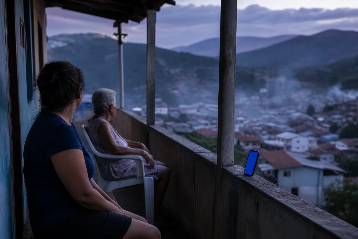 Duas mulheres vistas de costas na varanda de uma casa em encosta, ao entardecer: uma em pé e outra idosa sentada em uma cadeira de plástico, as duas olhando o vale. Sobre o parapeito, um celular aceso derrama luz azul no concreto. Abaixo, o casario desce até o vale e uma camada de bruma cobre os telhados.