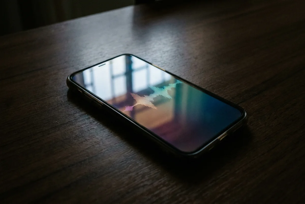 Celular apoiado sobre uma mesa de madeira, com a tela acesa mostrando o desenho de uma onda sonora; a luz da tela se derrama na madeira em volta.