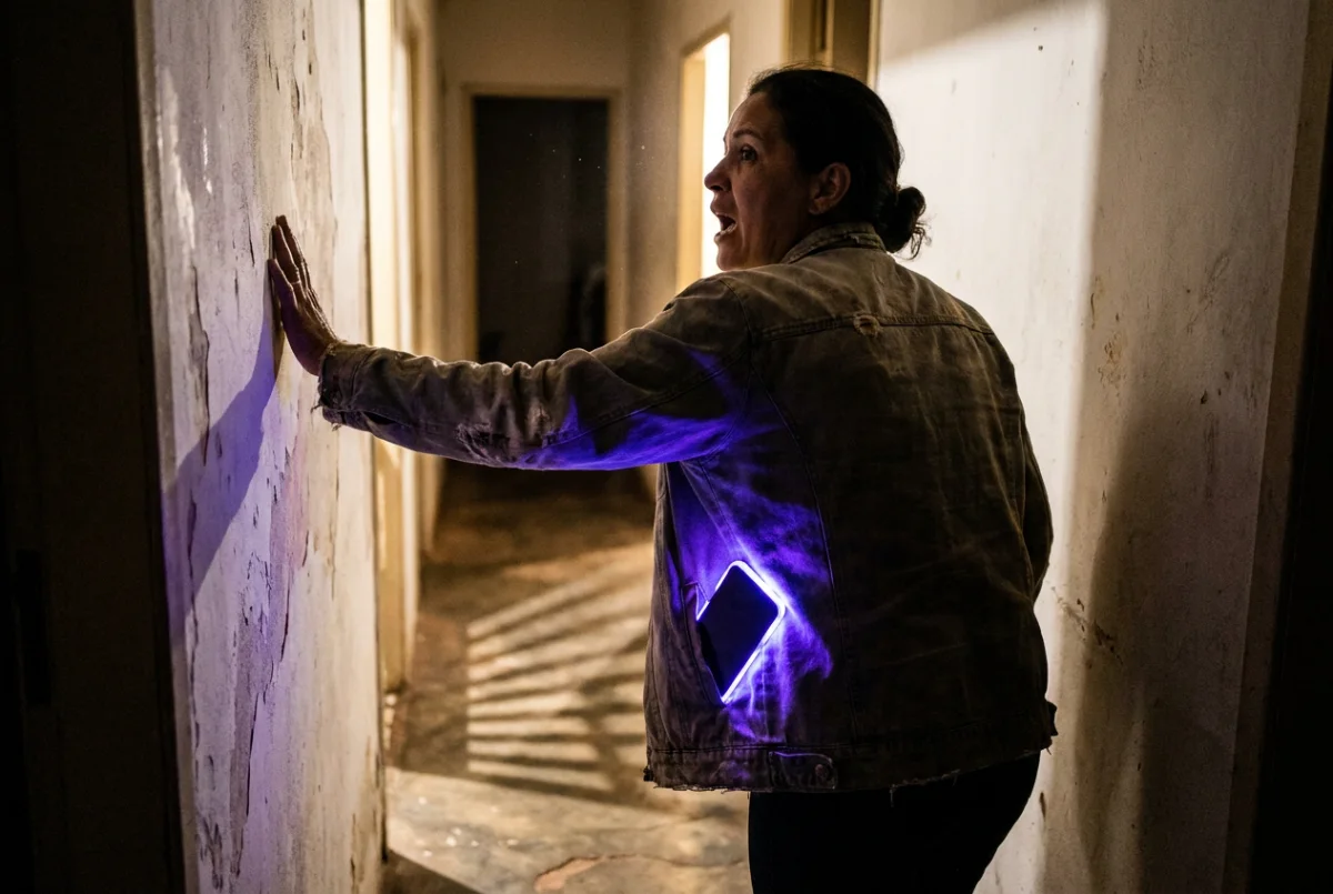 Mulher adulta caminha de costas por um corredor à noite, iluminado apenas ao fundo. Dentro do bolso da jaqueta jeans, a tela acesa do celular faz o tecido brilhar por dentro.