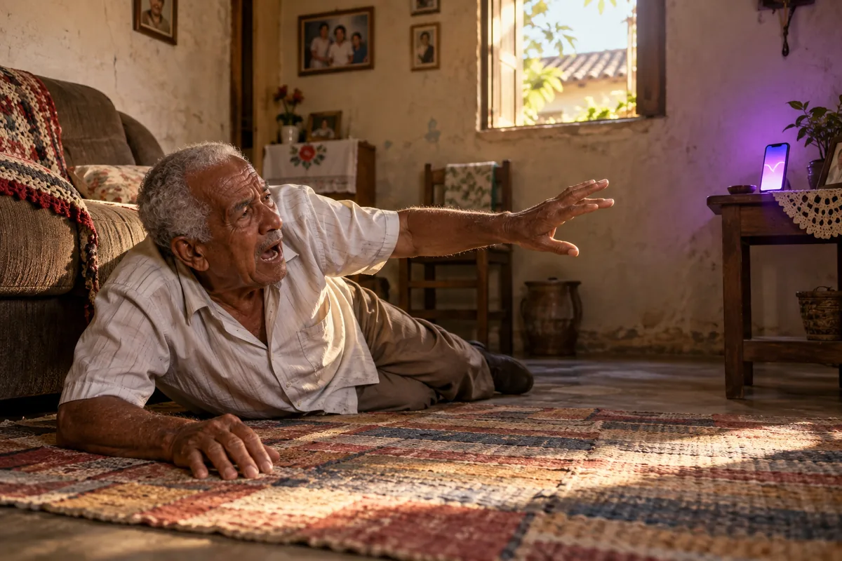 Homem idoso caído no chão da sala de uma casa simples, apoiado num cotovelo, com a boca aberta chamando e o braço estendido em direção a um celular sobre a mesinha, cuja tela está acesa em lilás.