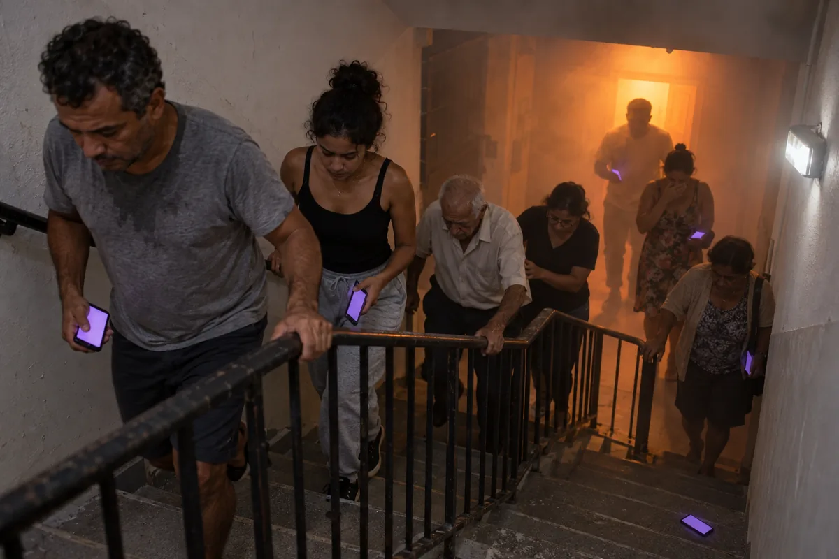 Moradores de um prédio descendo a escada às pressas durante uma emergência, entre eles uma mãe com criança no colo e um senhor idoso; vários celulares estão com a tela acesa em lilás.