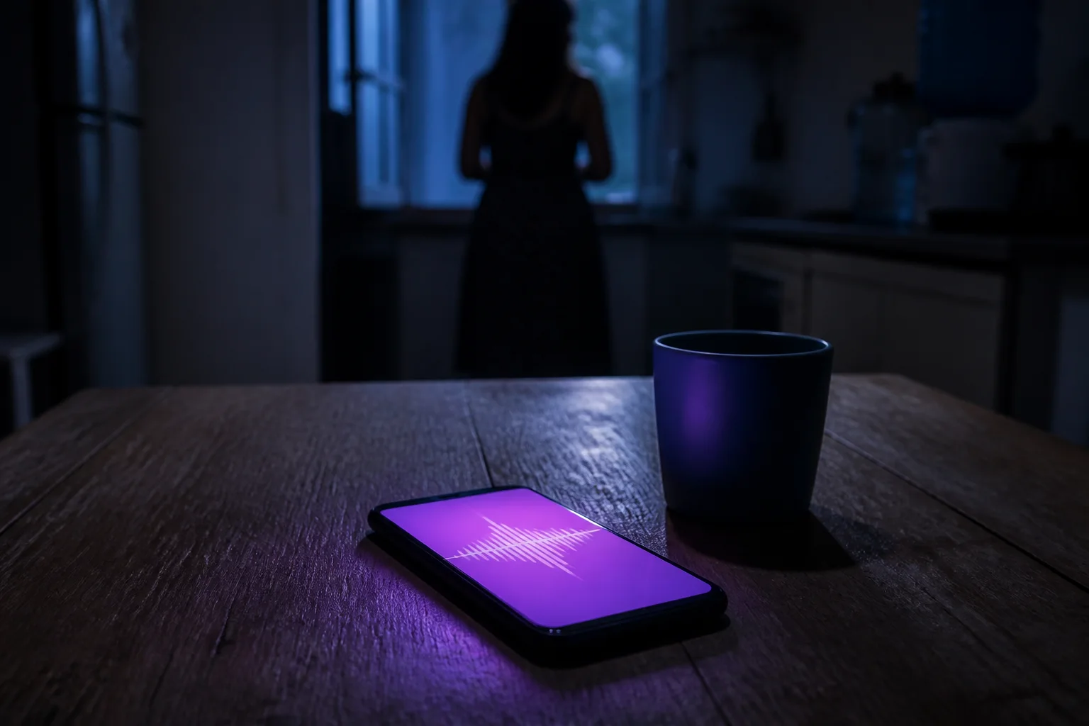 Celular sobre uma mesa de madeira, com a tela acesa mostrando uma onda de voz roxa; ao fundo, fora de foco, a silhueta de uma mulher perto da janela.