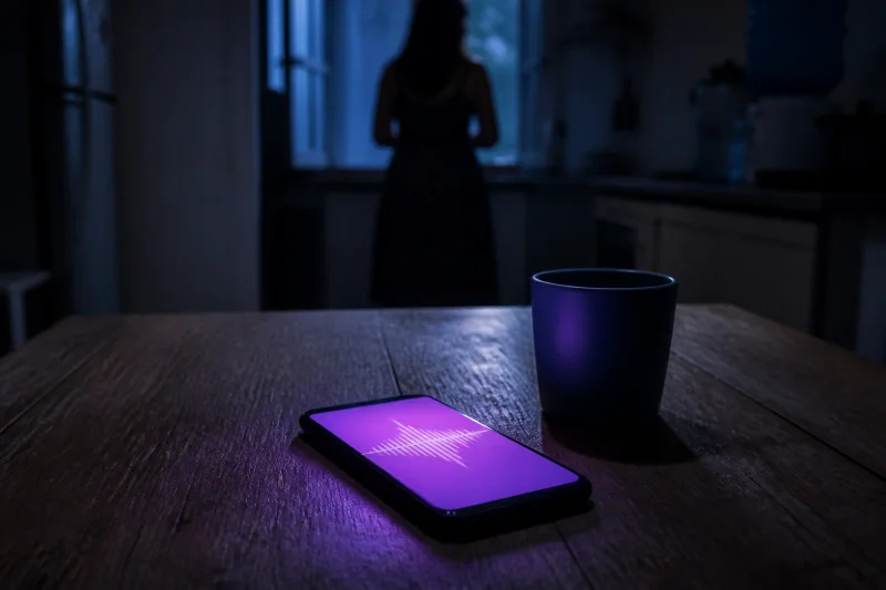 Celular sobre uma mesa, com a tela mostrando uma onda de voz roxa.