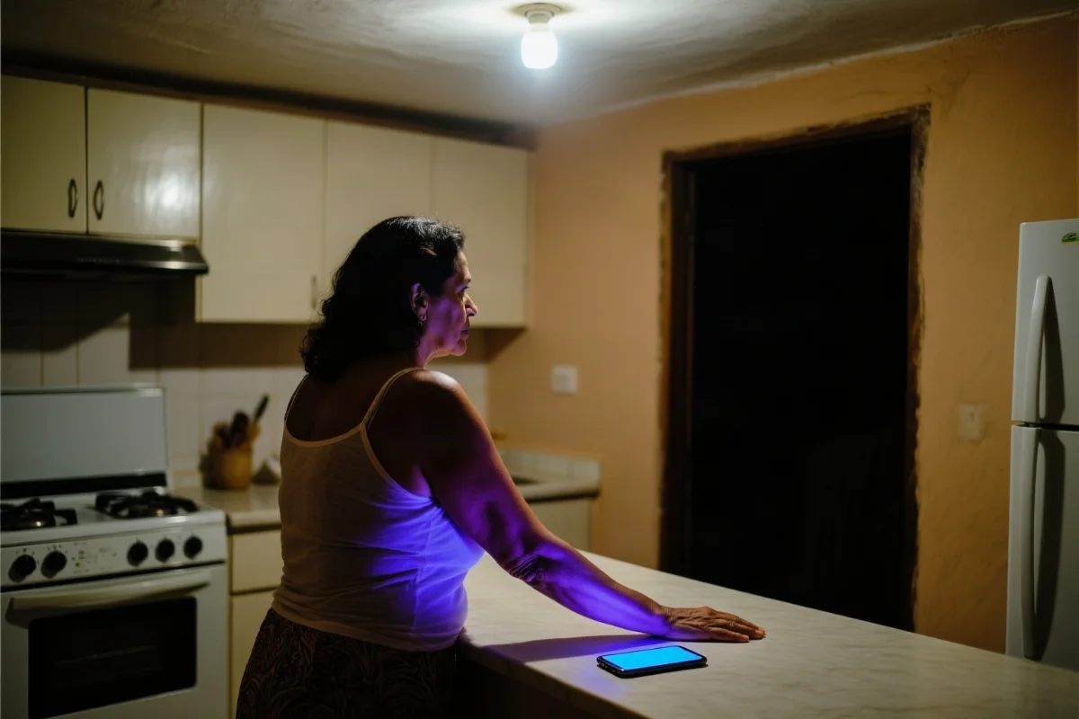 Mulher na cozinha, de lado, chamando em direção ao corredor escuro; o celular na bancada está com a tela acesa.