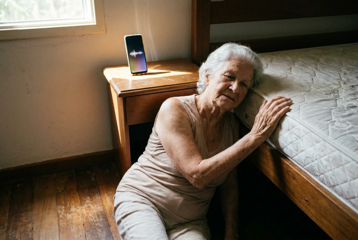 Senhora de cabelos brancos sentada no chão do quarto, ao lado da cama, apoiada com um braço no colchão e com a boca aberta chamando por ajuda. Na mesinha de cabeceira, um celular apoiado em pé, com a tela acesa.