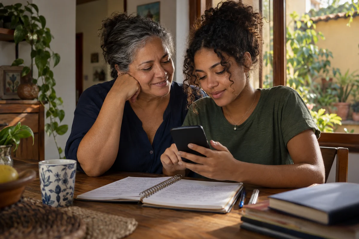 Mãe e filha adulta compartilham um momento de estudo com um celular e um caderno à mesa de casa.